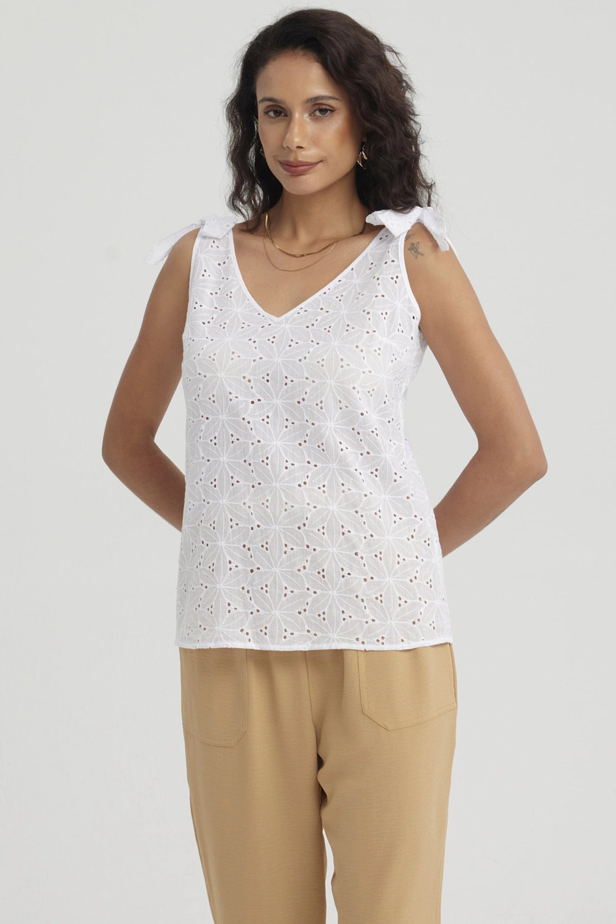 Blusa Mujer Broderie Aplicación Nudo Blanco