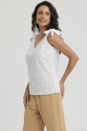 Blusa Mujer Broderie Aplicación Nudo Blanco