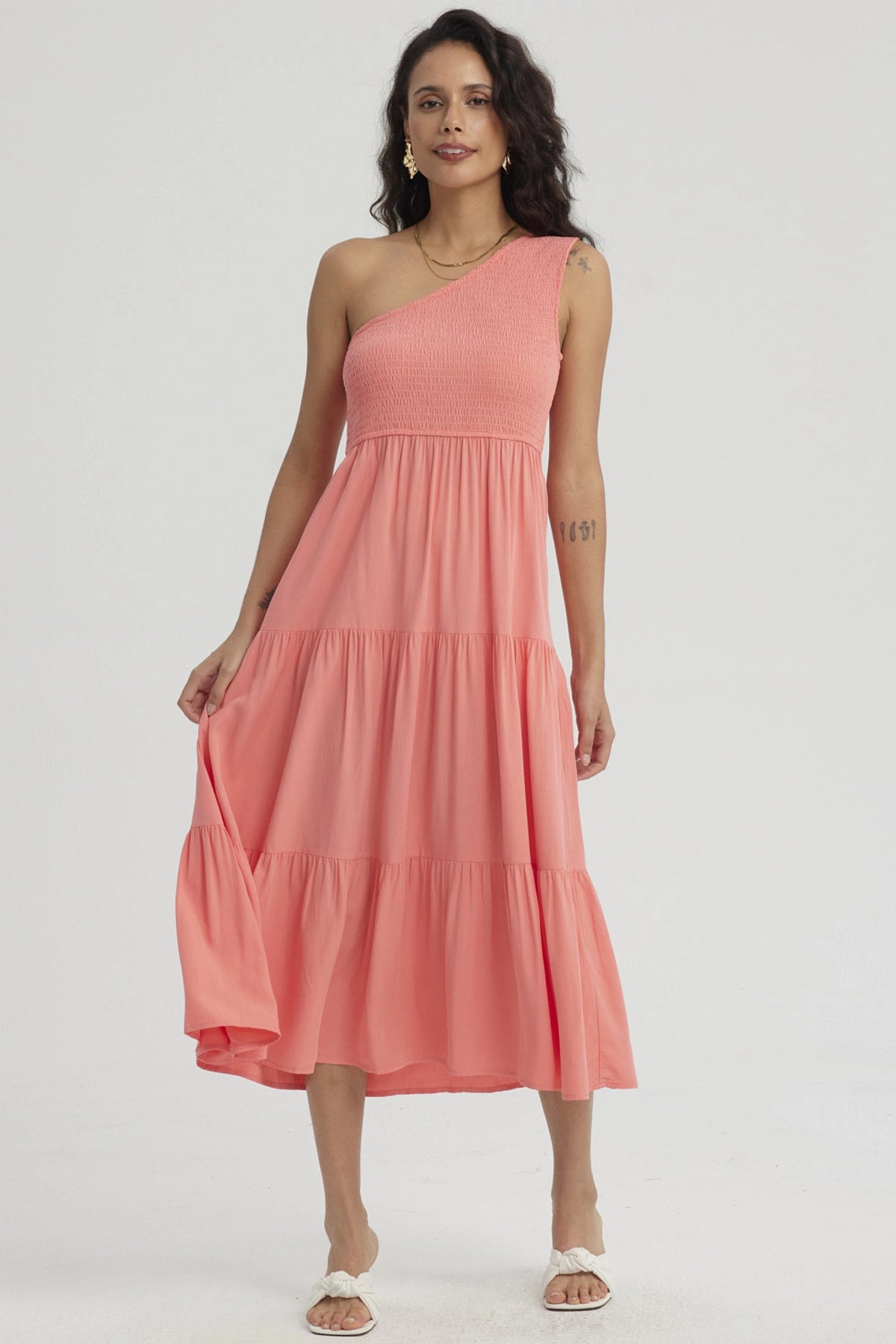 Vestido Mujer Hombro Asimétrico Coral