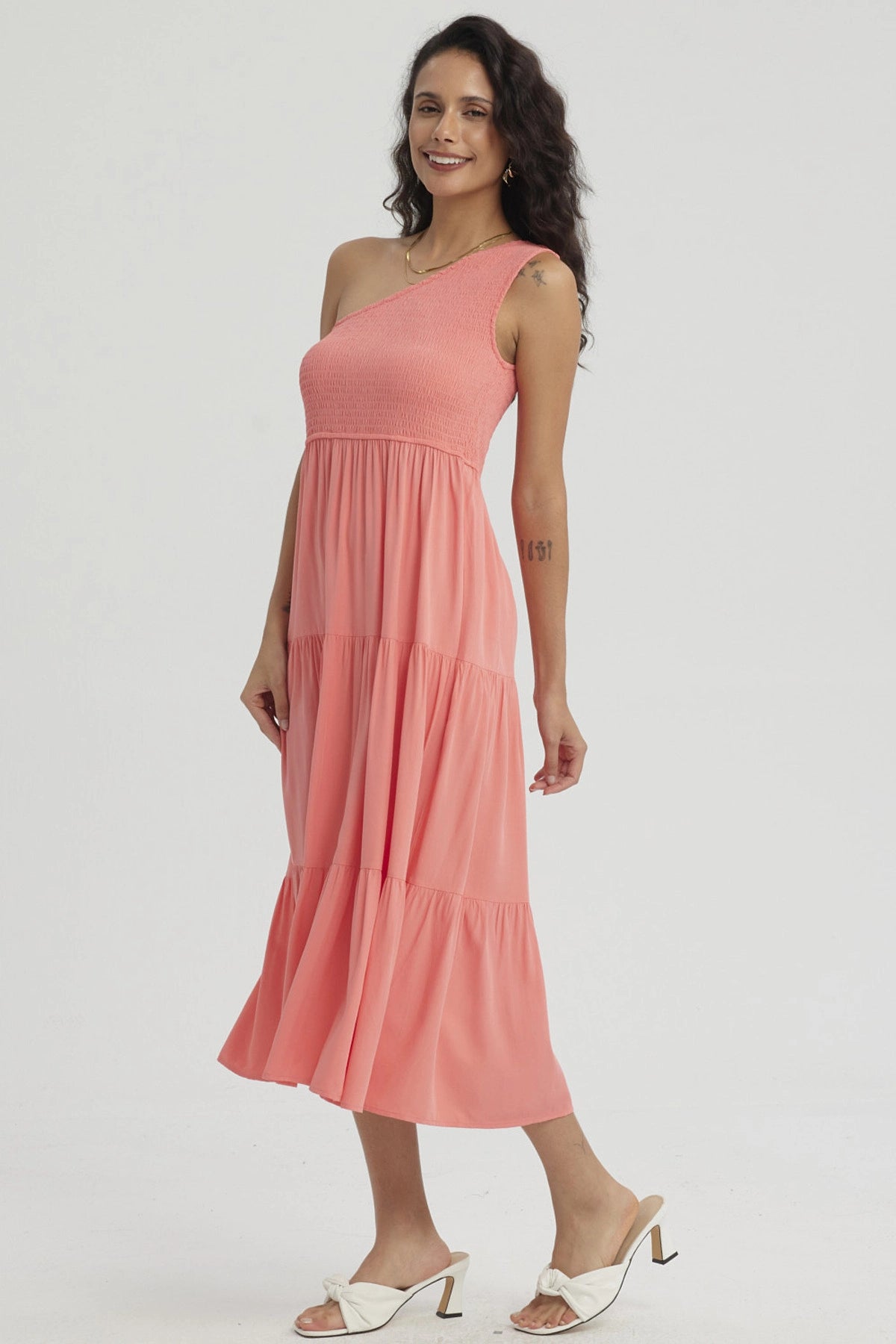 Vestido Mujer Hombro Asimétrico Coral