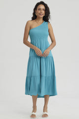 Vestido Mujer Hombro Asimétrico Turquesa