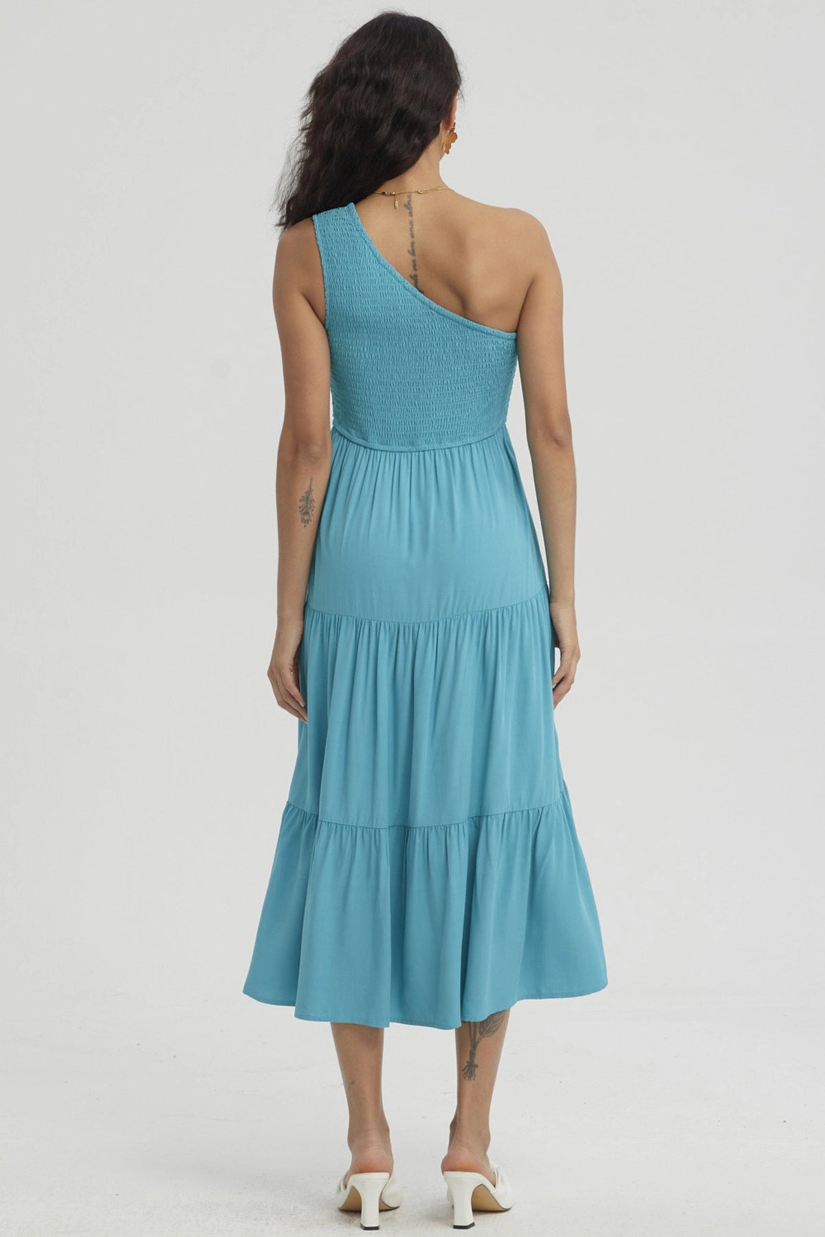 Vestido Mujer Hombro Asimétrico Turquesa