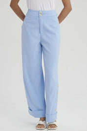 Pantalón Mujer Sastrero Aplicación Botón Costado Celeste