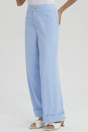 Pantalón Mujer Sastrero Aplicación Botón Costado Celeste
