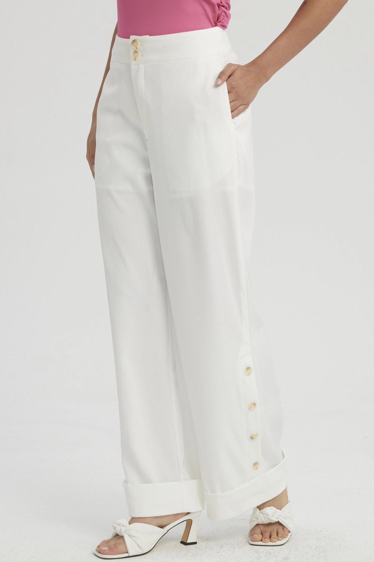 Pantalón Mujer Sastrero Aplicación Botón Costado Crudo