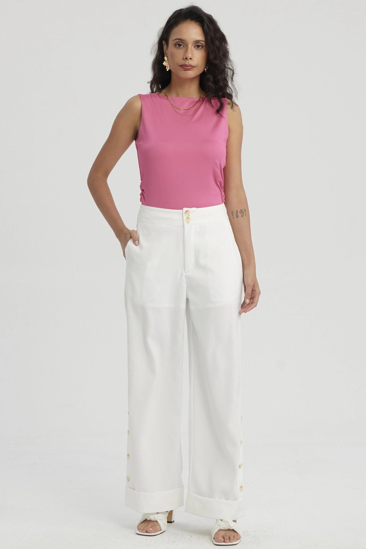 Pantalón Mujer Sastrero Aplicación Botón Costado Crudo