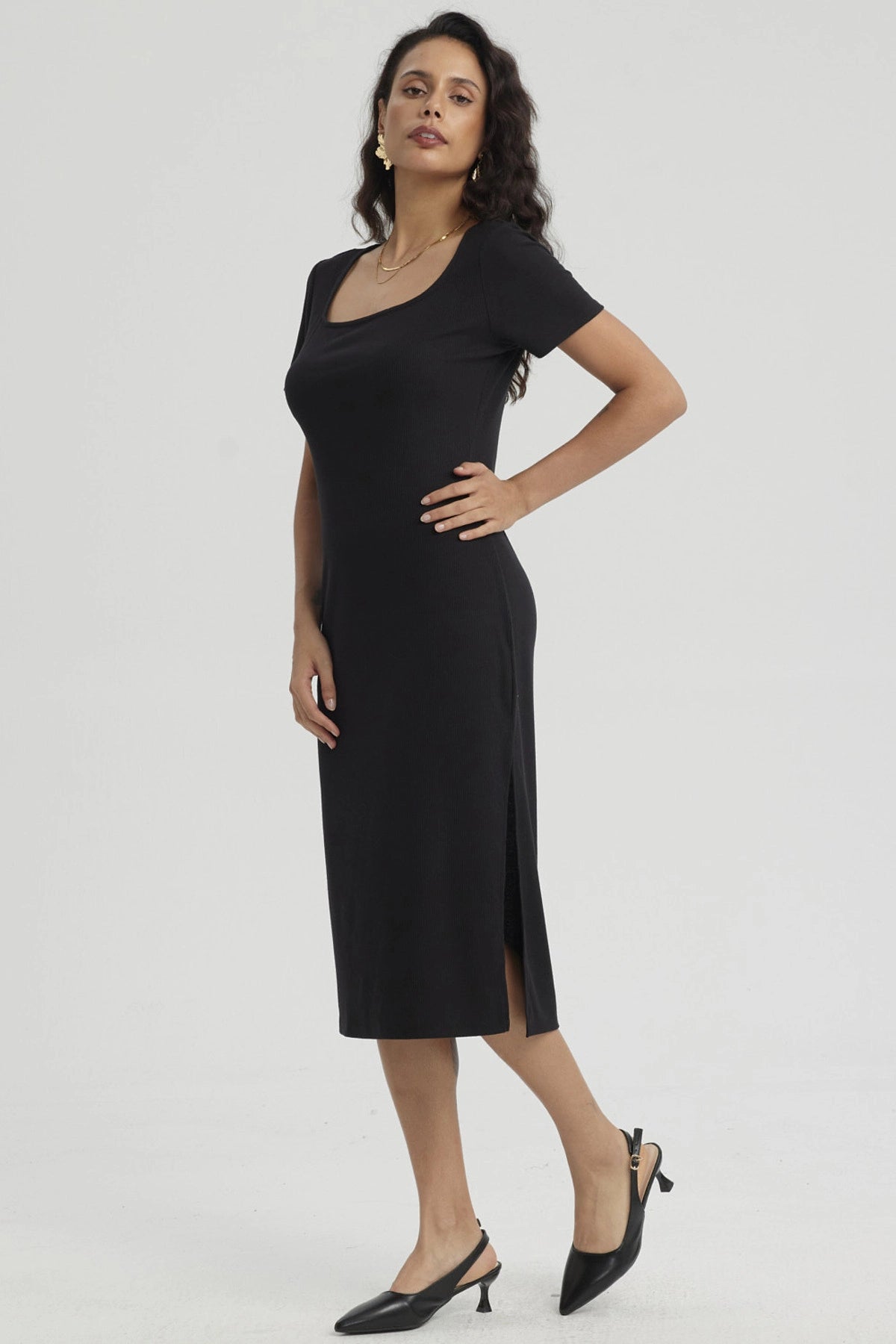 Vestido Mujer Largo Escote Cuadrado Negro