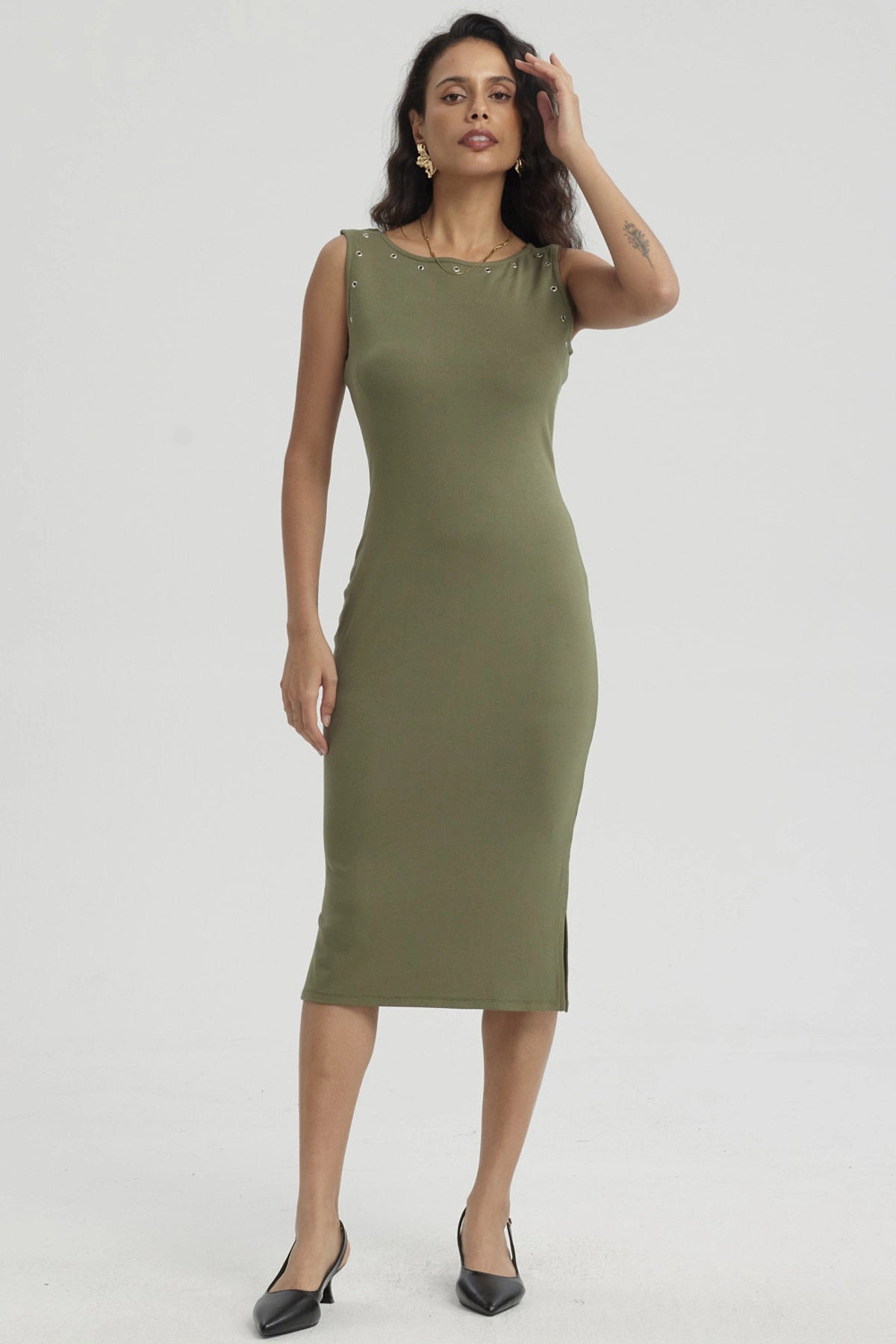 Vestido Mujer Largo Con Ojetillo Verde Musgo