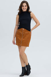 Falda Mujer Cotelé Cierre Delantero Camel Oscuro