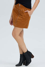 Falda Mujer Cotelé Cierre Delantero Camel Oscuro
