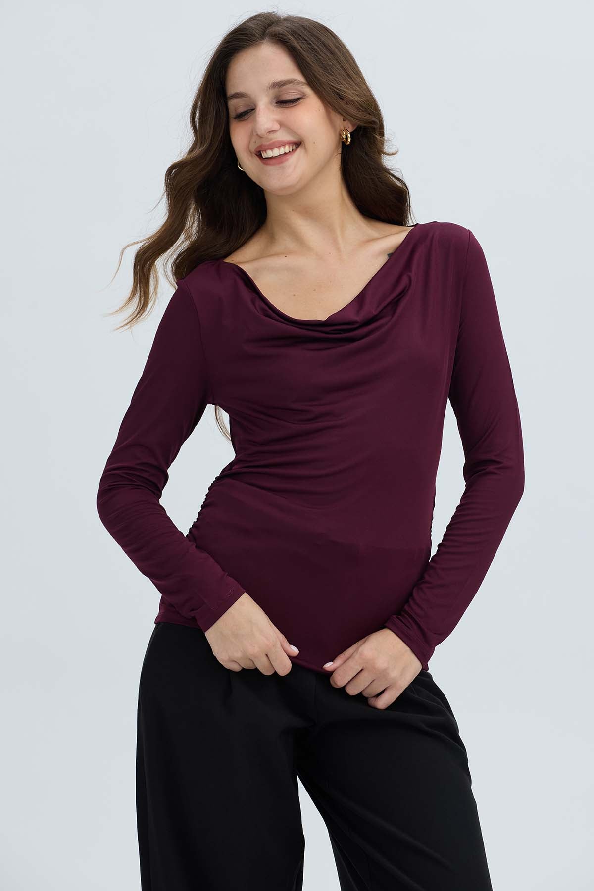 Polera Mujer Drapeado Delantero Vino