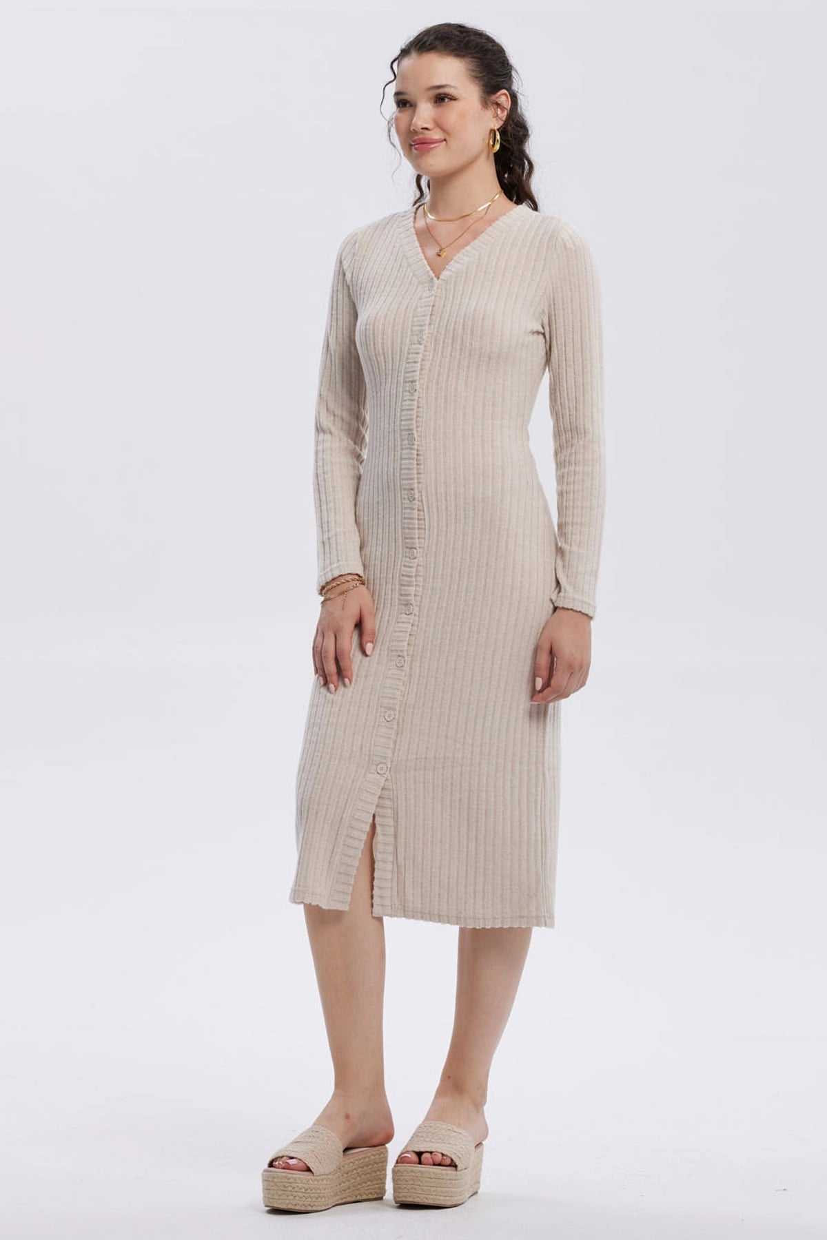 Vestido Mujer Abotonado Beige