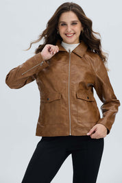 Chaqueta Mujer Efecto Cuero Camel Oscuro