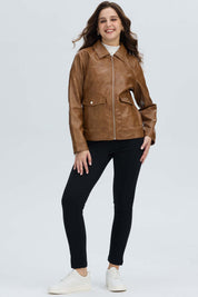 Chaqueta Mujer Efecto Cuero Camel Oscuro