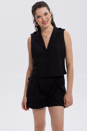 Blazer Mujer Lino Crop 1 Bolsillo Negro