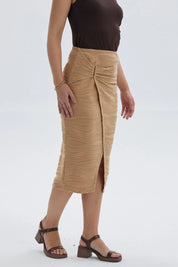 Falda Mujer Midi Cruzada Con Textura Camel