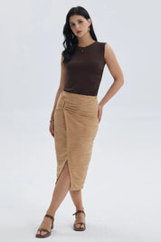 Falda Mujer Midi Cruzada Con Textura Camel