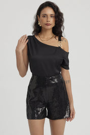 Blusa Mujer Hombro Caído Y Aplicación Negro