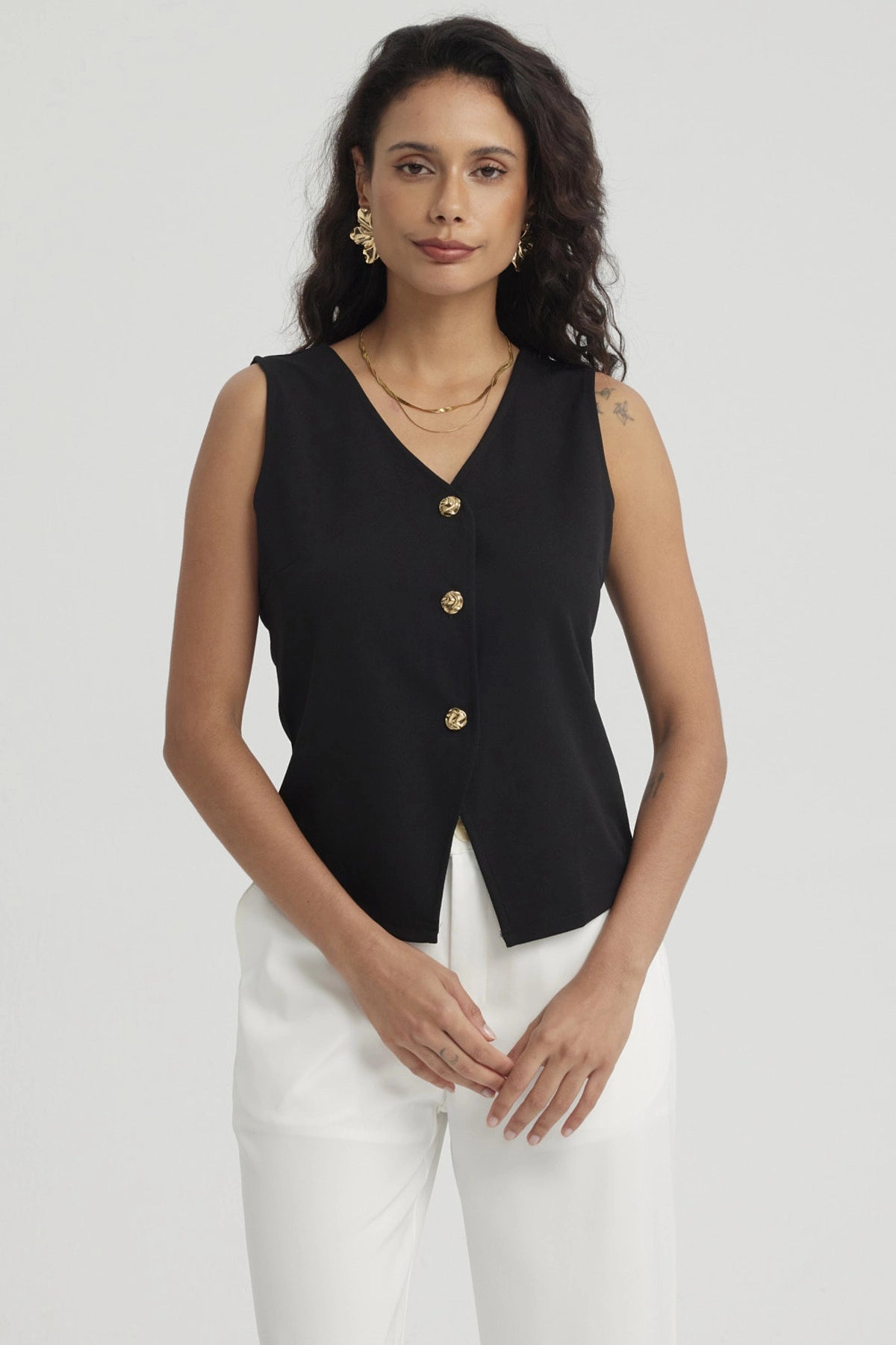 Polera Mujer 3 Botones Negro