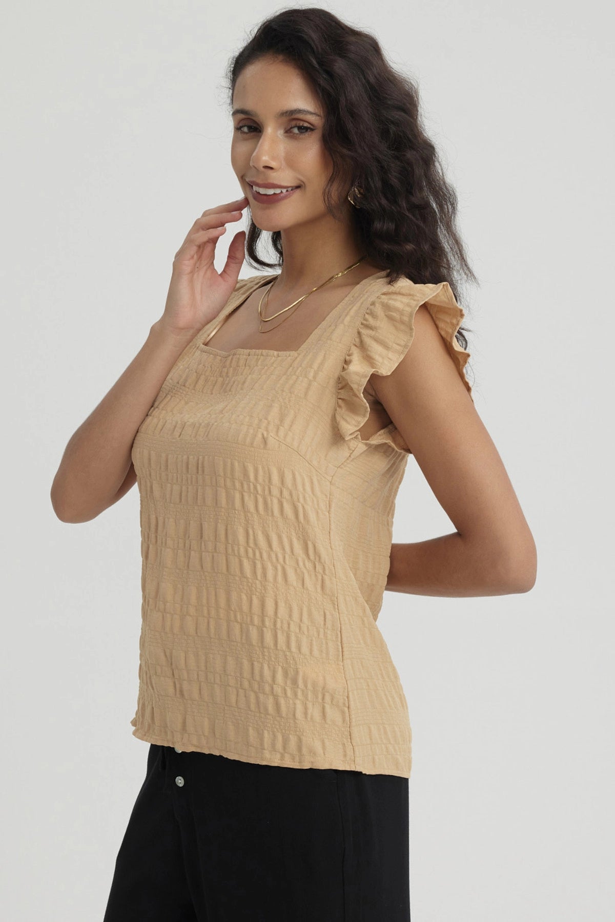Blusa Mujer Manga Con Vuelos Camel
