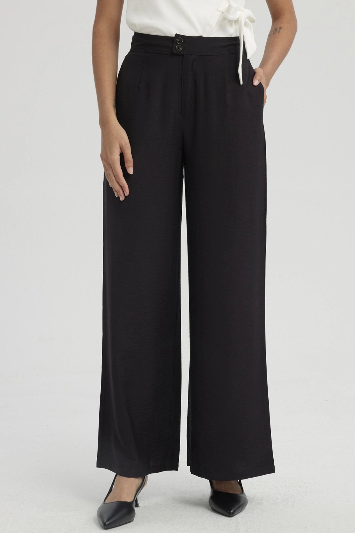 Pantalón Mujer Palazzo Con Bolsillo Negro