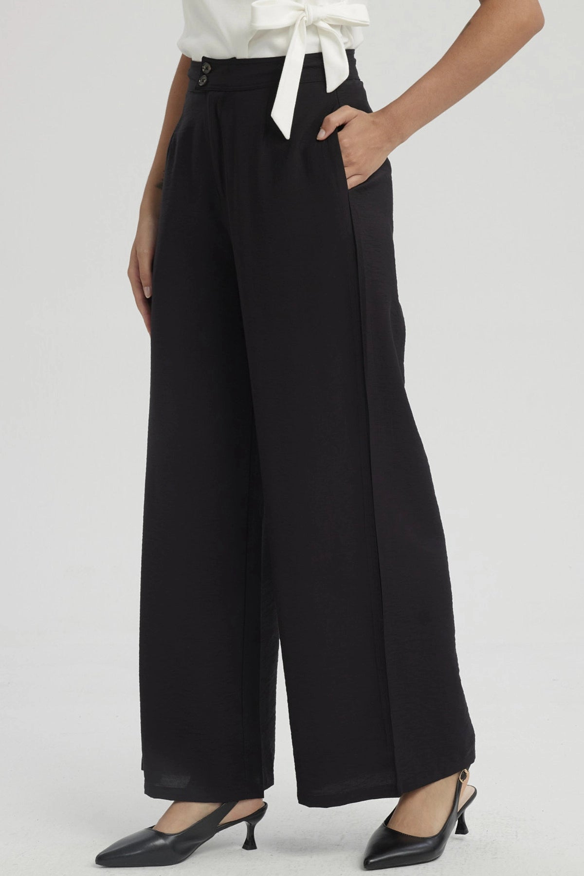 Pantalón Mujer Palazzo Con Bolsillo Negro
