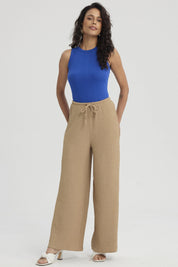 Pantalón Mujer Textura Pretinas Con Cordón Beige Claro