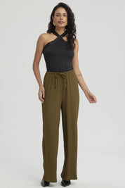Pantalón Mujer Textura Pretinas Con Cordón Verde Musgo