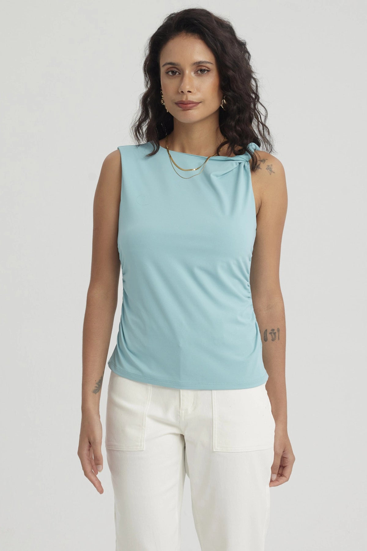 Polera Mujer Nudo En Hombros Turquesa