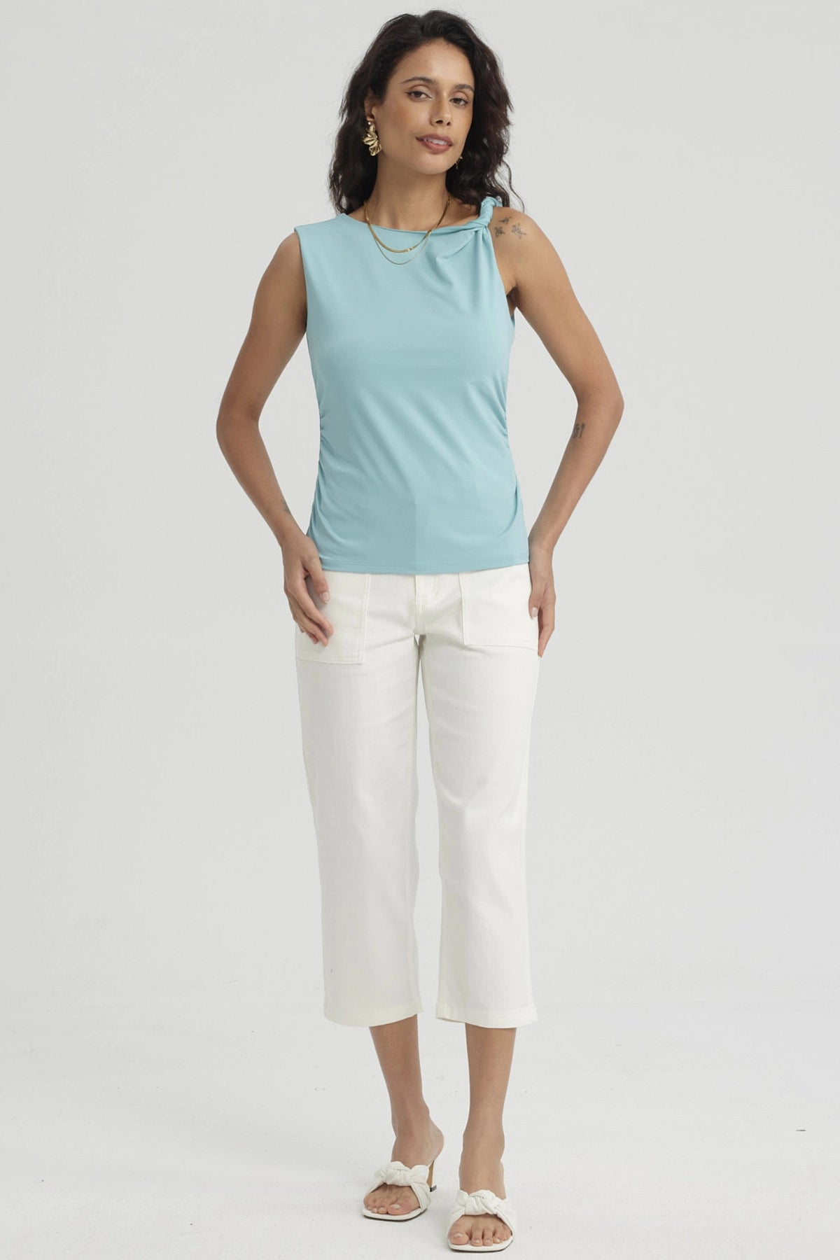 Polera Mujer Nudo En Hombros Turquesa