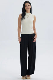 Pantalón mujer negro con textura y pretina elástica visible