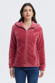 Polar de mujer rosado con cierre frontal liso de tela plush con capucha estilo casual ideal para días fríos