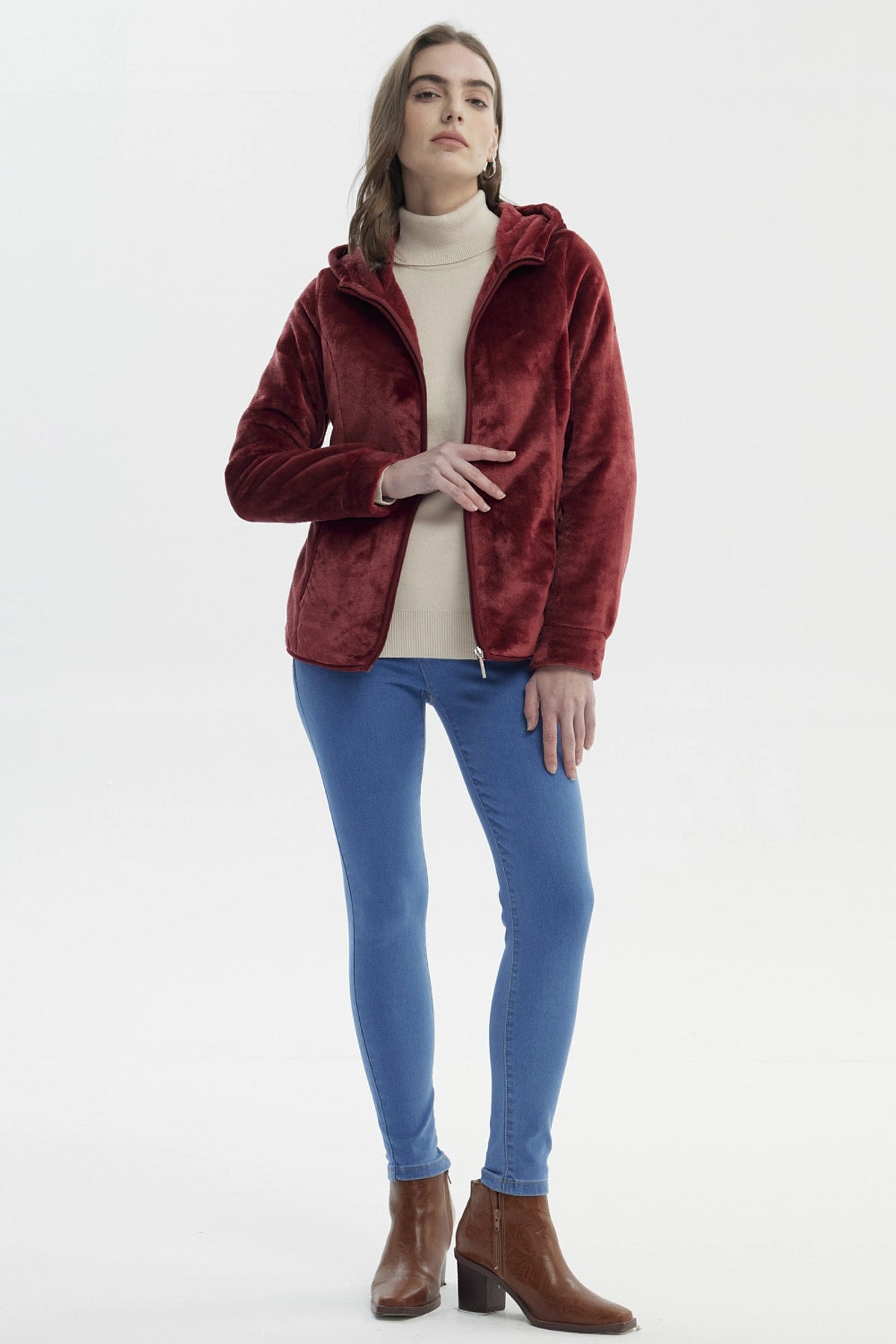 Polar Mujer Básico Plush Con Cierre Rojo Oscuro