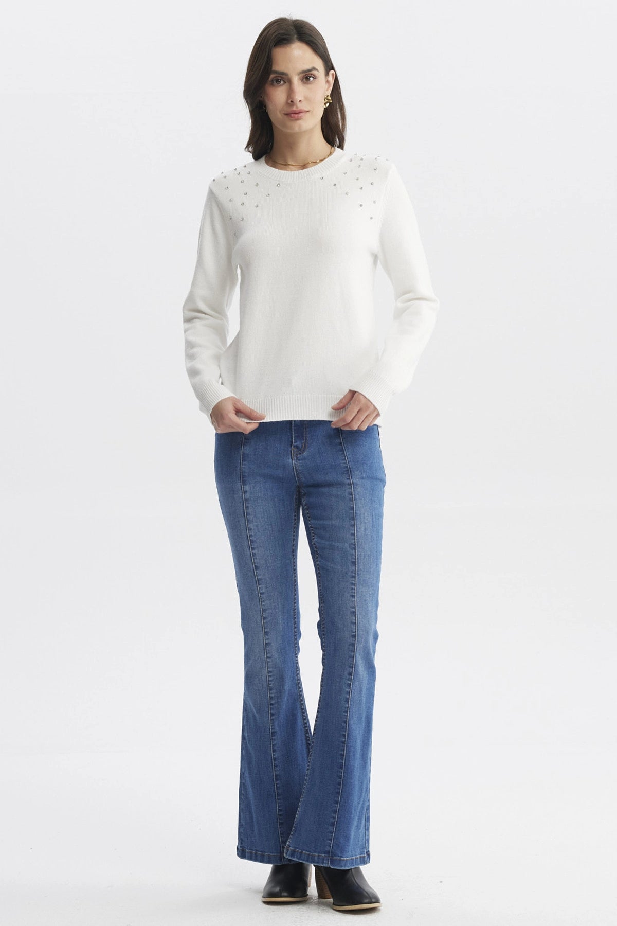 Sweater Mujer Cuello Strass Crudo