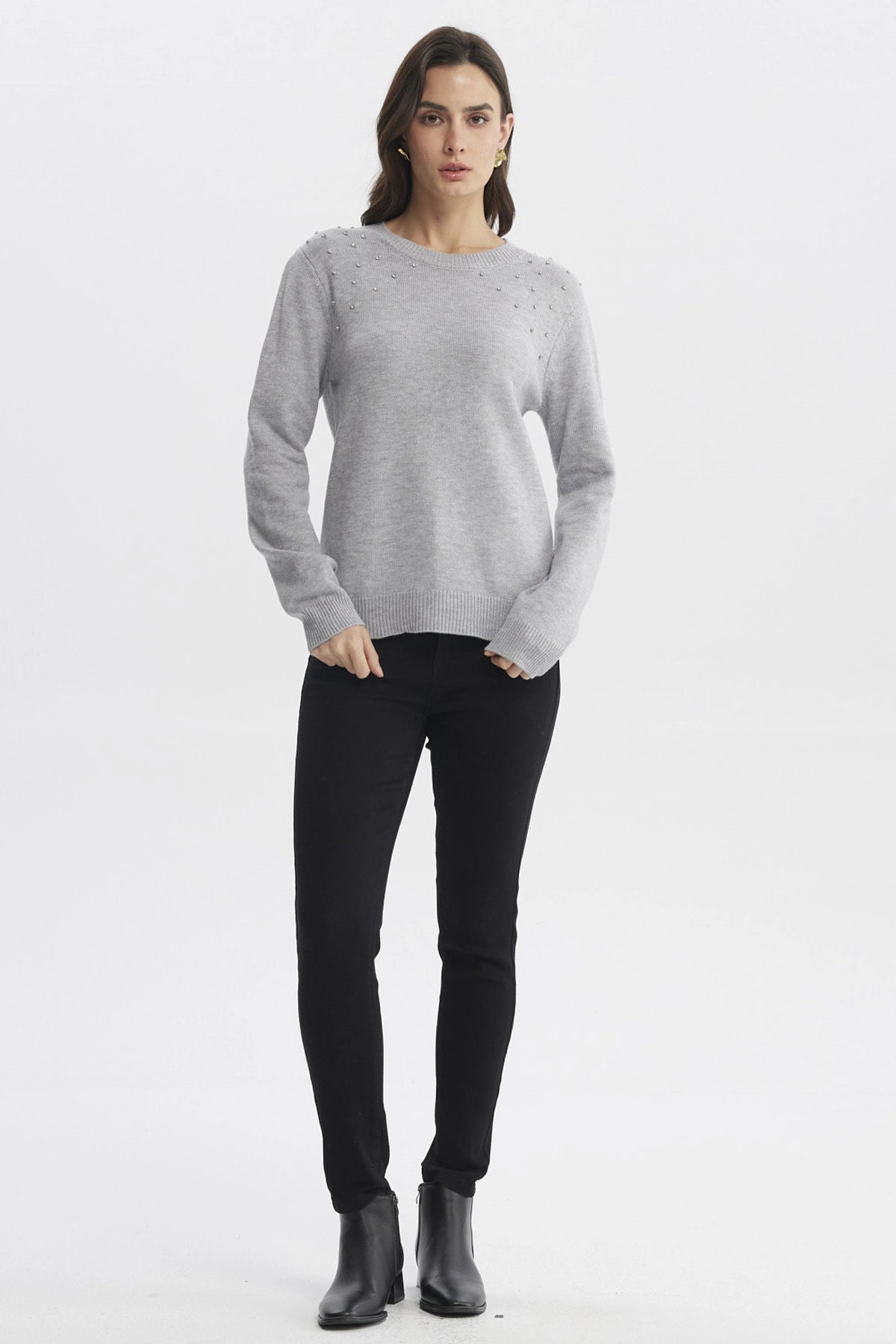 Sweater Mujer Cuello Strass Gris