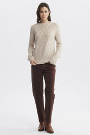 Sweater beige de mujer con diseño de tejido ondulado sin estampa visible ideal para un look casual y acogedor