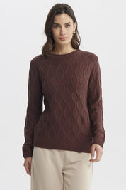 Sweater casual de mujer café claro con diseño de trenzas verticales tejido acrílico ajustado y cuello redondo
