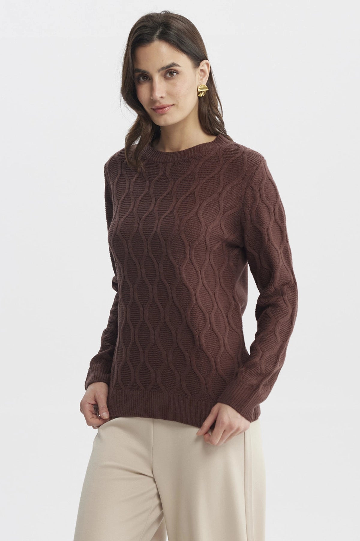 Sweater casual de mujer café claro con diseño de trenzas verticales tejido acrílico ajustado y cuello redondo