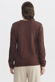 Sweater casual de mujer café claro con diseño de trenzas verticales tejido acrílico ajustado y cuello redondo