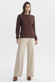 Sweater casual de mujer café claro con diseño de trenzas verticales tejido acrílico ajustado y cuello redondo