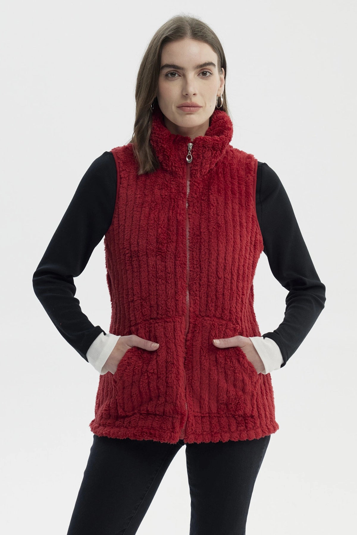 Polar Mujer Peludo Con Textura Rojo Oscuro