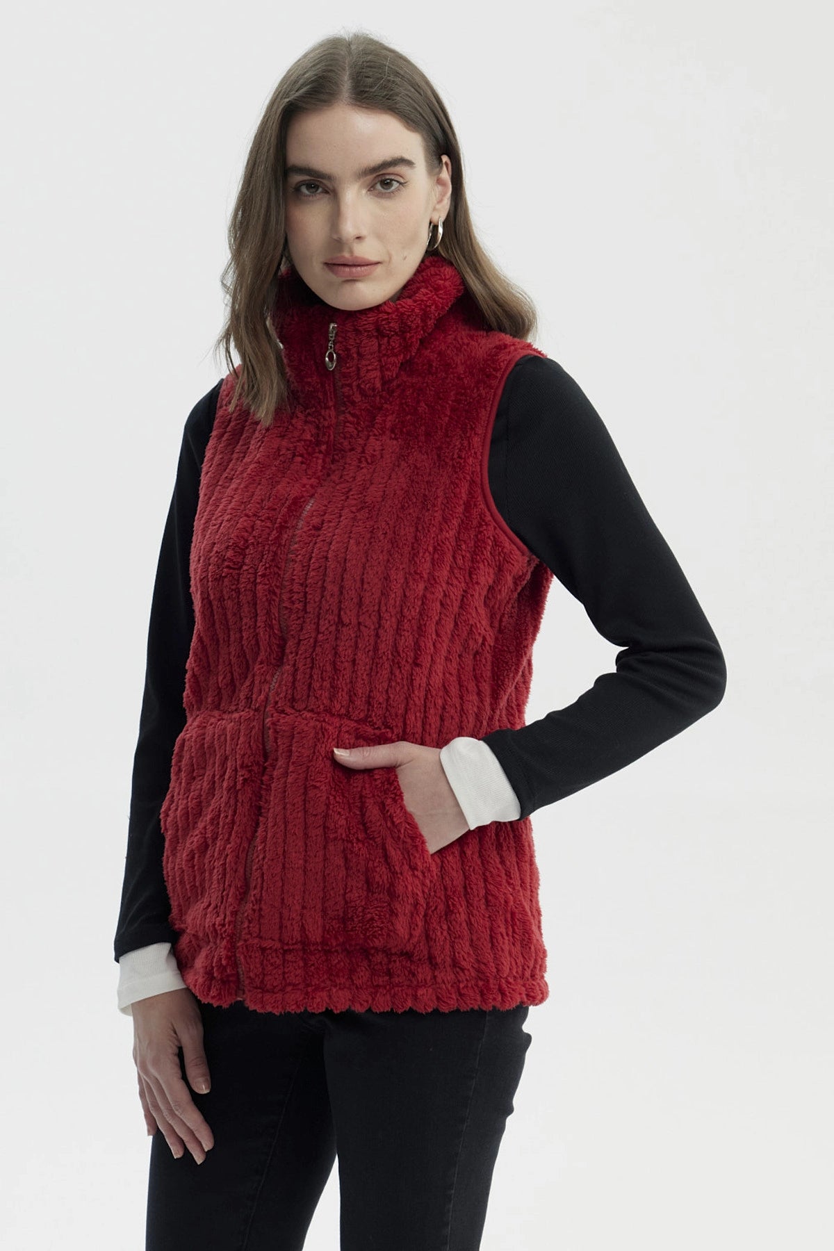 Polar Mujer Peludo Con Textura Rojo Oscuro