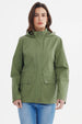 Chaqueta verde olivo de algodón con gorro para mujer diseño liso cierre frontal y bolsillos grandes visibles