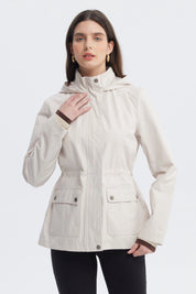 Chaqueta mujer arena con gorro y bolsillos frontales lisos casual elegante