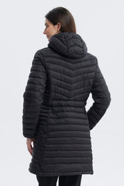 Parka negra larga de mujer con capucha y ajuste en la cintura sin estampa lisa y acolchada