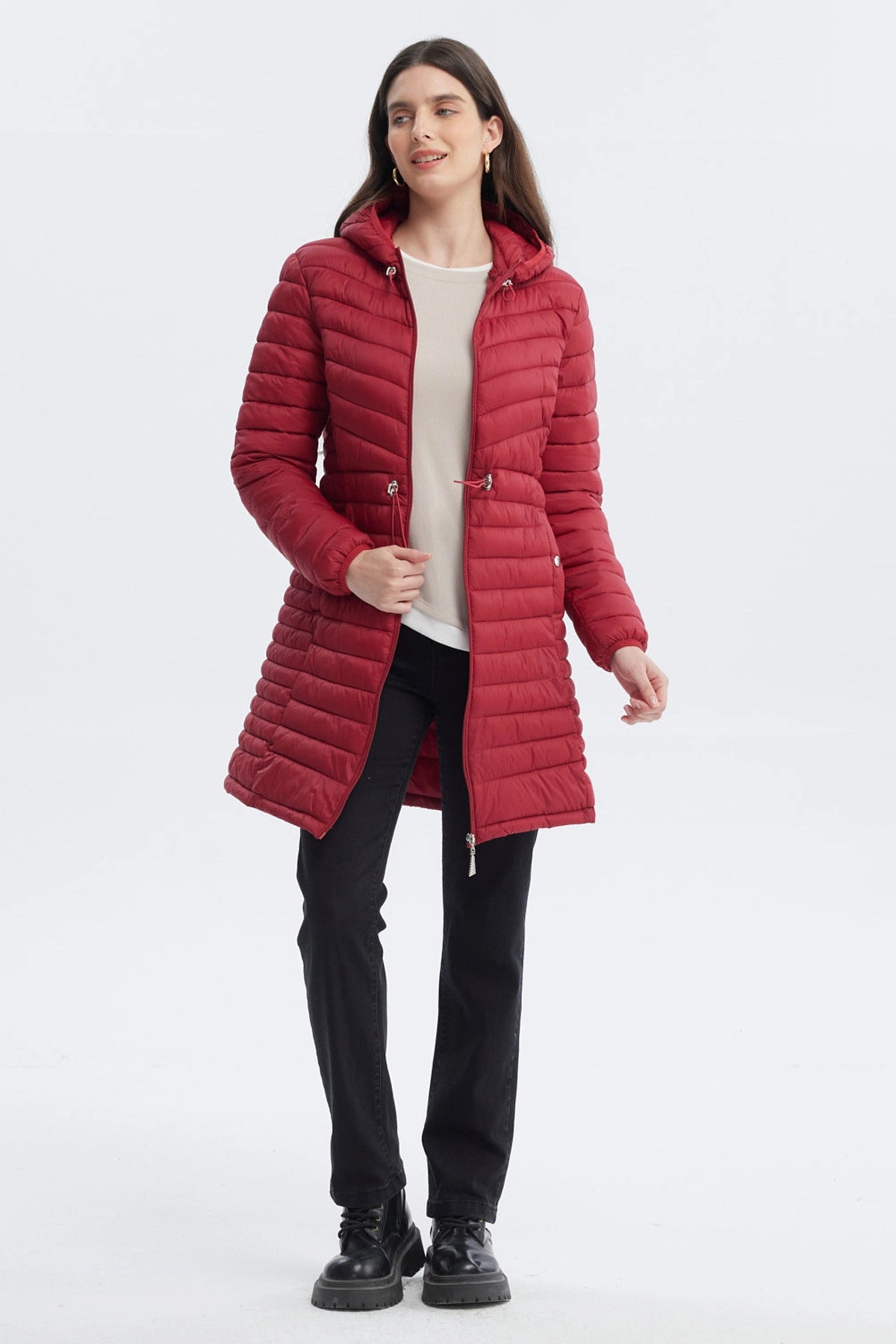 Parka Mujer Larga Básica Rojo Oscuro