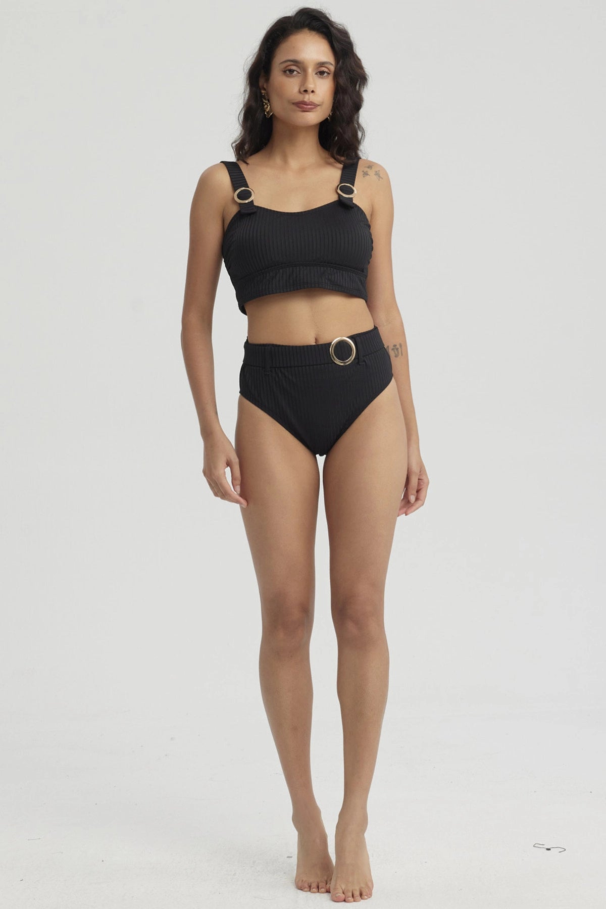 Traje de Baño Mujer Tiro Alto Aplicación Negro