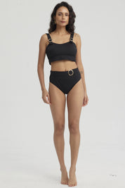 Traje de Baño Mujer Tiro Alto Aplicación Negro