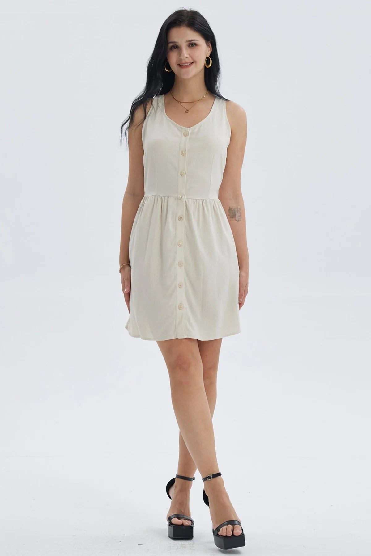 Vestido Mujer Lino Corto Arena