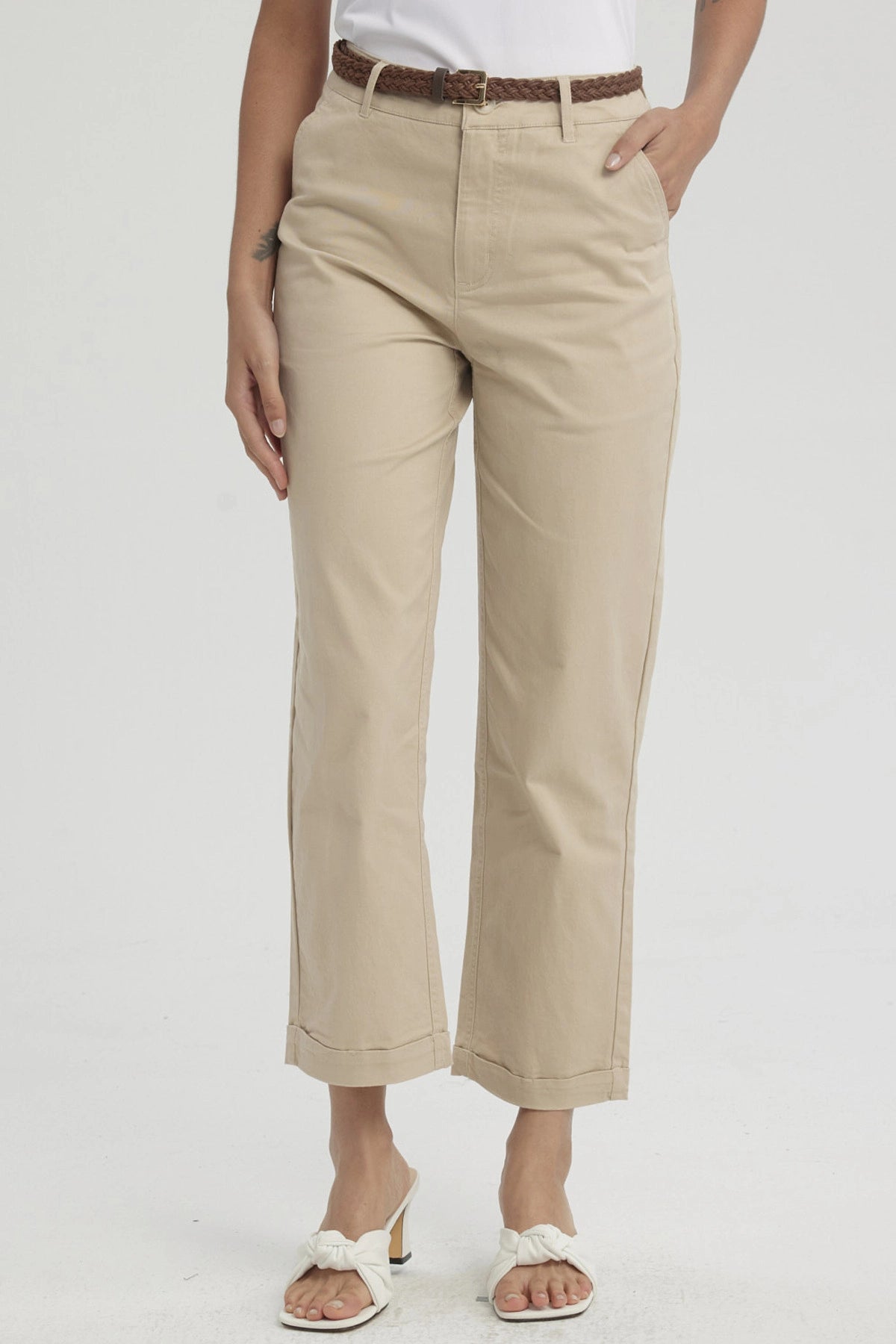 Pantalón Mujer Sastrero Cinturón Pu Beige Claro